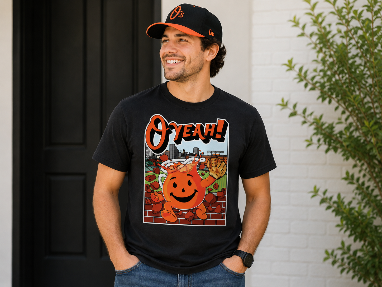 Funny Baltimore baseball parody t-shirt featuring an orange koolaid man breaking through a brick wall while holding a baseball glove.